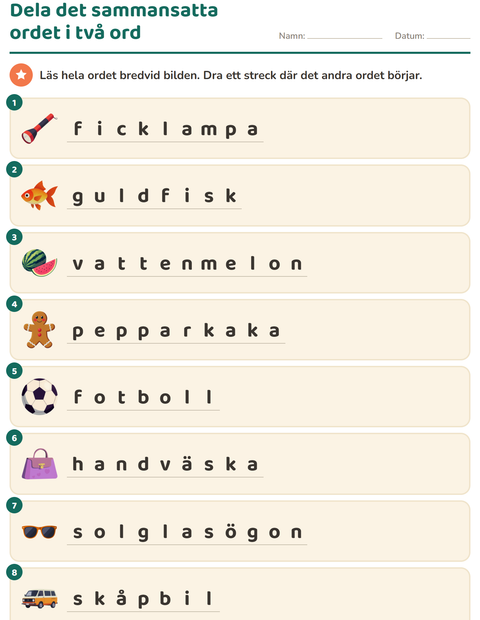 Förhandsvisning av Sammansatta ord-arbetsblad för Årskurs 2