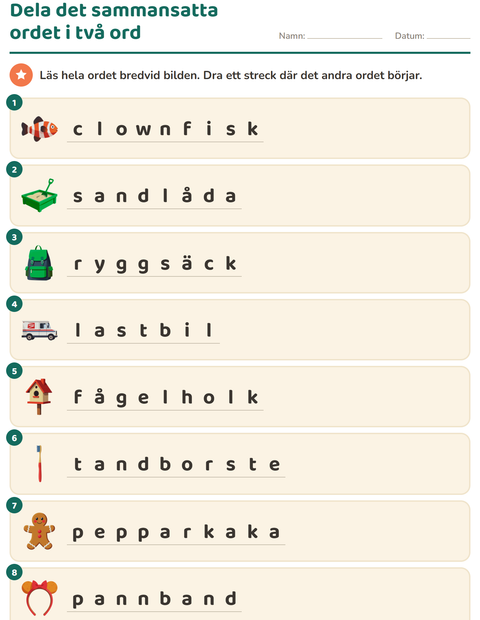 Förhandsvisning av Sammansatta ord-arbetsblad för Årskurs 2