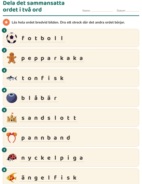 Förhandsvisning av Sammansatta ord-arbetsblad för Årskurs 2