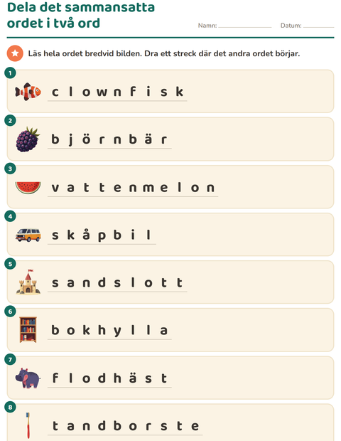 Förhandsvisning av Sammansatta ord-arbetsblad för Årskurs 2