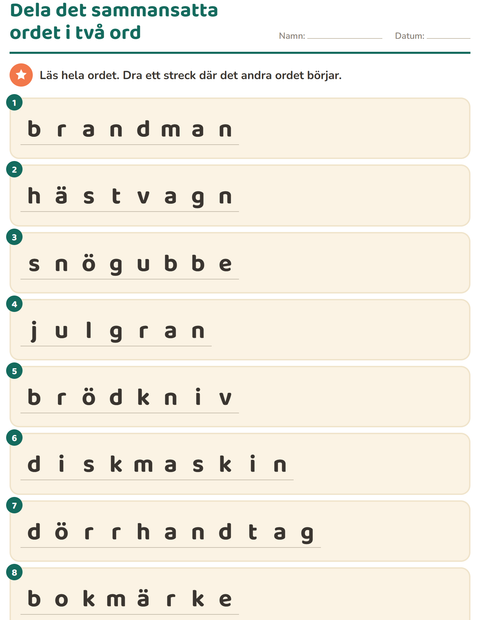 Förhandsvisning av Sammansatta ord-arbetsblad för Årskurs 2