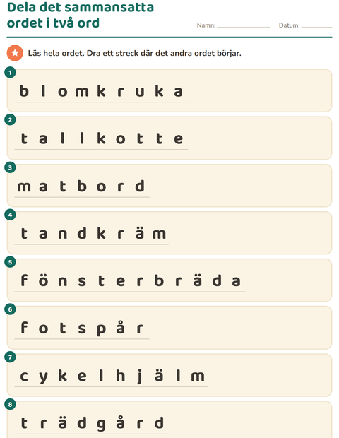 Förhandsvisning av Sammansatta ord-arbetsblad för Årskurs 2