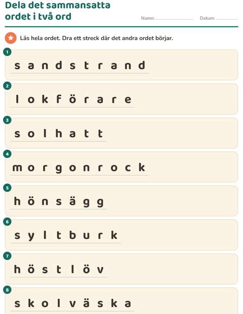 Förhandsvisning av Sammansatta ord-arbetsblad för Årskurs 2
