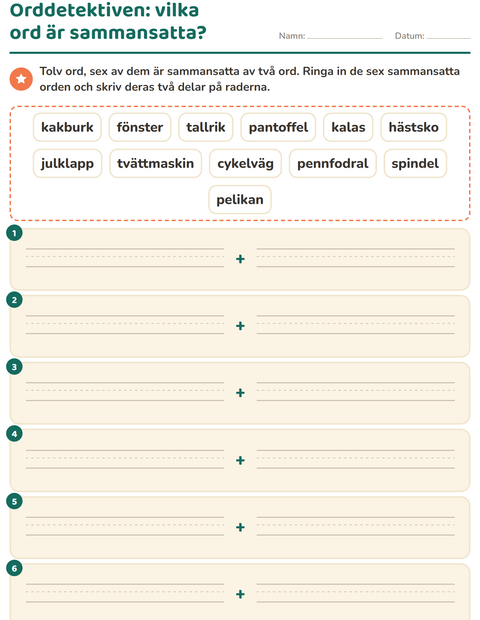 Förhandsvisning av Sammansatta ord-arbetsblad för Årskurs 2