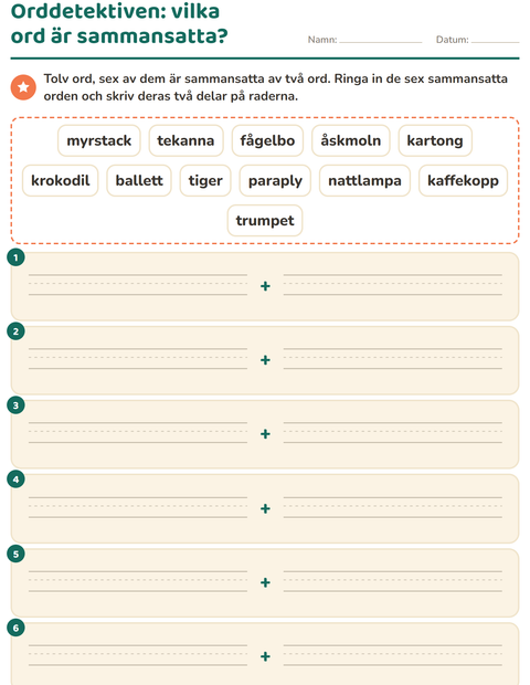 Förhandsvisning av Sammansatta ord-arbetsblad för Årskurs 2