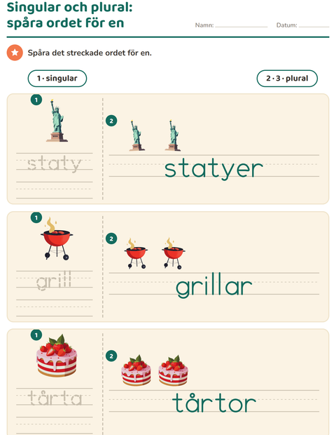 Förhandsvisning av Singular och plural-arbetsblad med 4 juli för Förskoleklass