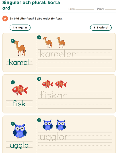 Singular och plural med korta djurord