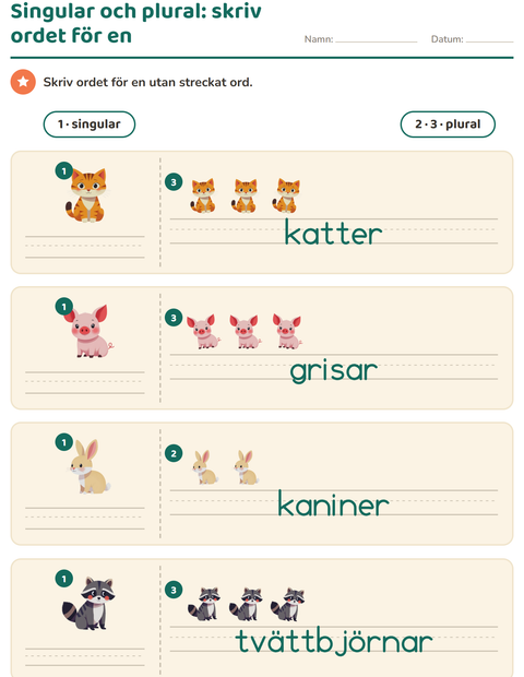 Förhandsvisning av Singular och plural-arbetsblad med Djur för Förskoleklass