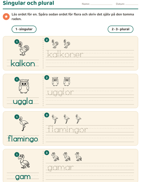 Förhandsvisning av Singular och plural-arbetsblad med Fåglar S&V 2 för Förskoleklass