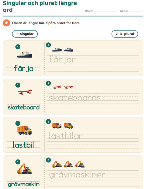 Förhandsvisning av Singular och plural med längre fordonsord