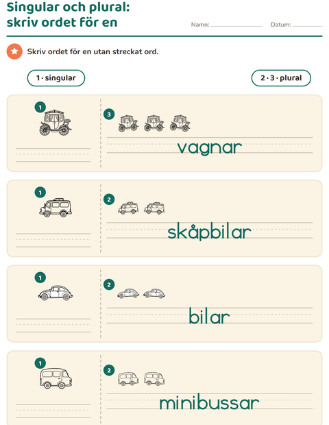 Förhandsvisning av Singular och plural-arbetsblad med Fordon SV 3 för Förskoleklass