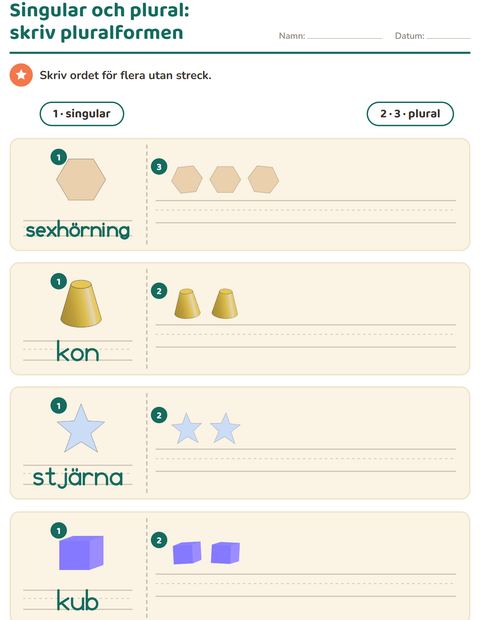 Förhandsvisning av Singular och plural-arbetsblad med Former för Förskoleklass