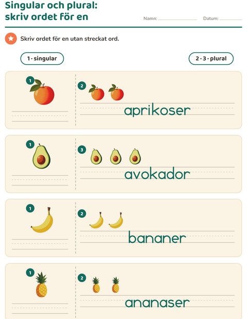 Förhandsvisning av Singular och plural-arbetsblad med Frukter för Förskoleklass