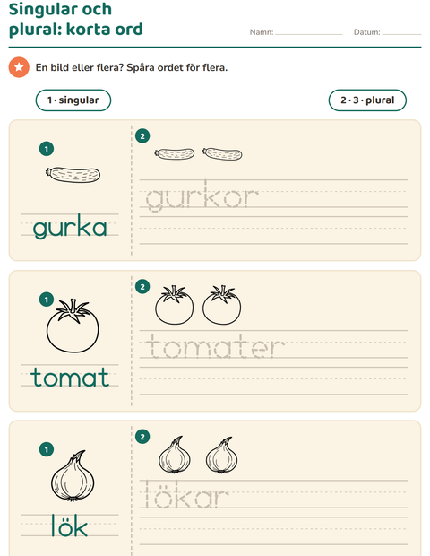 Förhandsvisning av Singular och plural-arbetsblad med Grönsaker SV för Förskoleklass