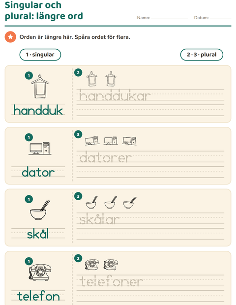 Förhandsvisning av Singular och plural-arbetsblad med Hushåll SV för Förskoleklass
