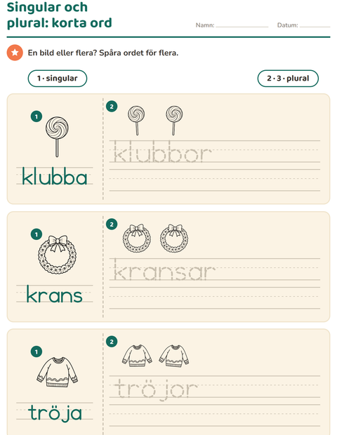 Förhandsvisning av Singular och plural-arbetsblad med Jul S/V för Förskoleklass