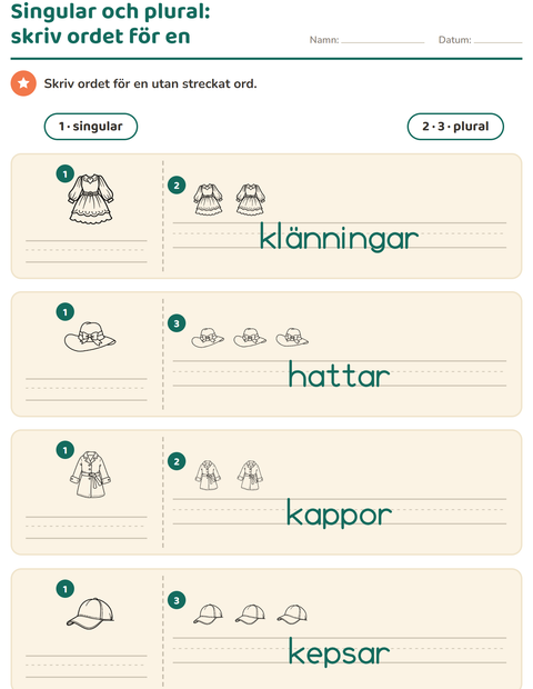 Förhandsvisning av Singular och plural-arbetsblad med Kläder SV för Förskoleklass