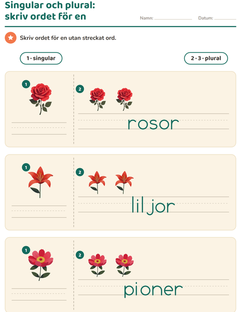 Förhandsvisning av Singular och plural-arbetsblad med Blommor för Förskoleklass