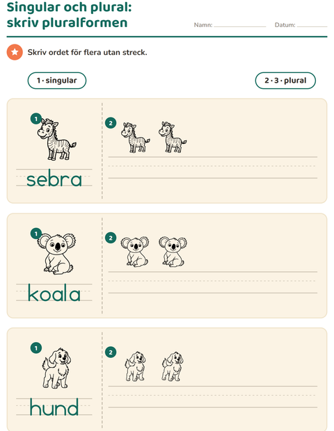 Förhandsvisning av Singular och plural-arbetsblad med Djurparksdjur SV för Förskoleklass