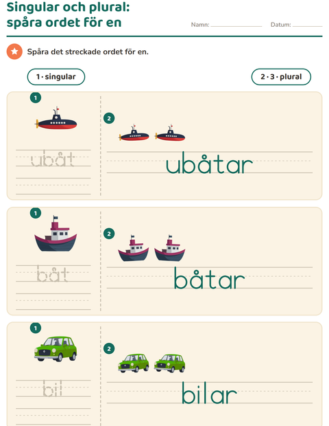 Förhandsvisning av Singular och plural-arbetsblad med Fordon för Förskoleklass