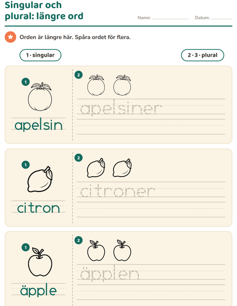 Förhandsvisning av Singular och plural-arbetsblad med Frukter SV för Förskoleklass