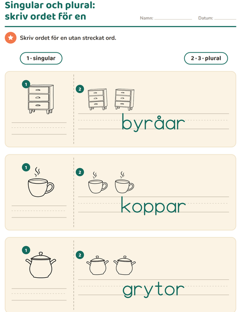 Förhandsvisning av Singular och plural-arbetsblad med Hem SV för Förskoleklass