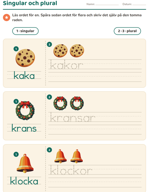 Förhandsvisning av Singular och plural-arbetsblad med Jul för Förskoleklass