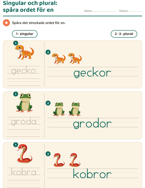 Förhandsvisning av Singular och plural-arbetsblad med Reptiler och groddjur för Förskoleklass