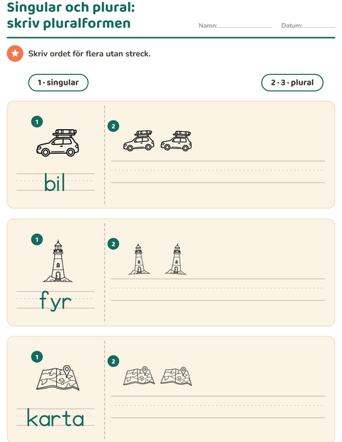 Förhandsvisning av Singular och plural-arbetsblad med Resor och Semester SV för Förskoleklass