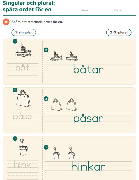 Förhandsvisning av Singular och plural-arbetsblad med Strand SV 2 för Förskoleklass