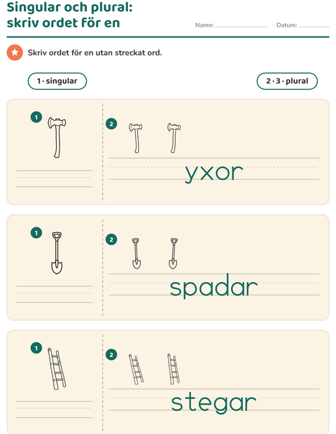 Förhandsvisning av Singular och plural-arbetsblad med Verktyg SV för Förskoleklass