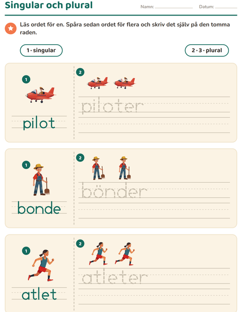 Förhandsvisning av Singular och plural-arbetsblad med Yrken för Förskoleklass