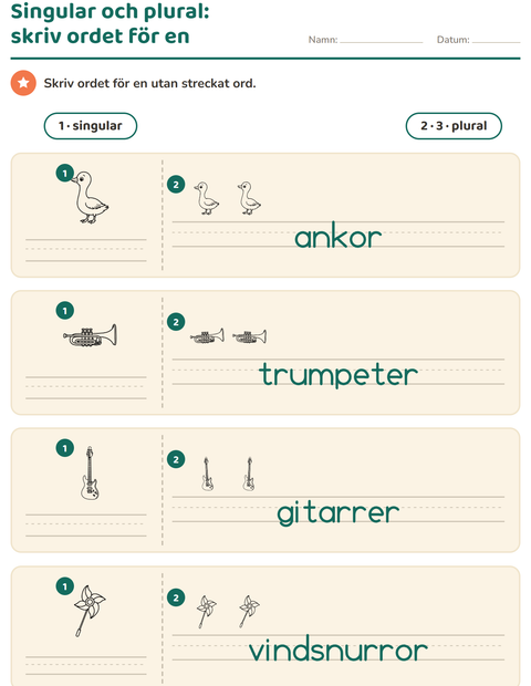 Förhandsvisning av Singular och plural-arbetsblad med Leksaker SV 2 för Förskoleklass