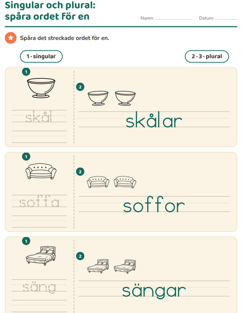 Förhandsvisning av Singular och plural-arbetsblad med Möbler SV för Förskoleklass
