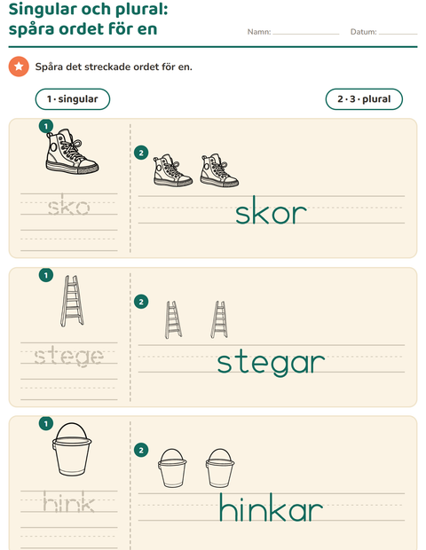 Förhandsvisning av Singular och plural-arbetsblad med Objekt SV för Förskoleklass