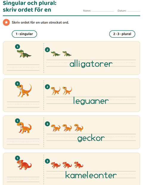Förhandsvisning av Singular och plural-arbetsblad med Reptiler och groddjur för Förskoleklass