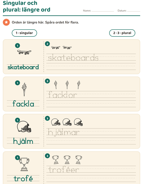 Förhandsvisning av Singular och plural-arbetsblad med Sport SV 2 för Förskoleklass