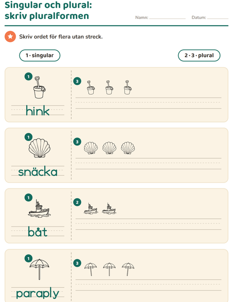 Förhandsvisning av Singular och plural-arbetsblad med Strand SV 2 för Förskoleklass