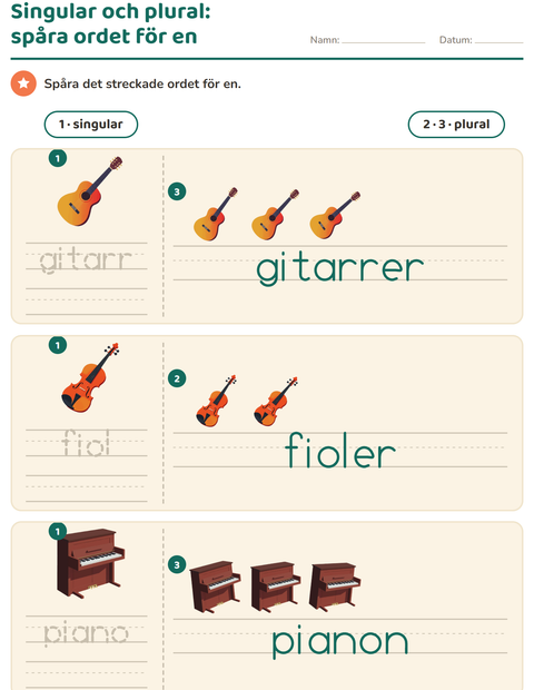 Förhandsvisning av Singular och plural-arbetsblad med Aktiviteter för Förskoleklass