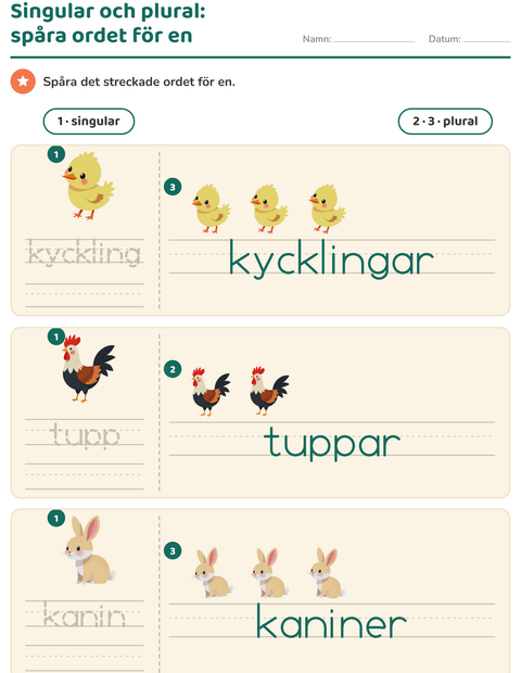 Förhandsvisning av Singular och plural-arbetsblad med Bondgårdsdjur för Förskoleklass