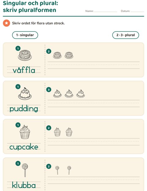 Förhandsvisning av Singular och plural-arbetsblad med Efterrätt (S/V) för Förskoleklass