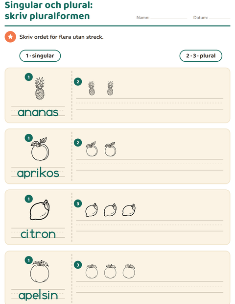 Förhandsvisning av Singular och plural-arbetsblad med Frukter SV för Förskoleklass