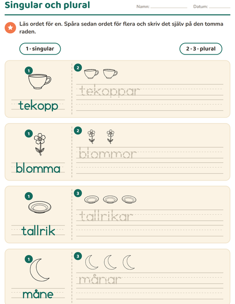 Förhandsvisning av Singular och plural-arbetsblad med Hem och Natur SV för Förskoleklass