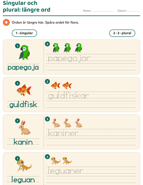 Förhandsvisning av Singular och plural-arbetsblad med Husdjur för Förskoleklass