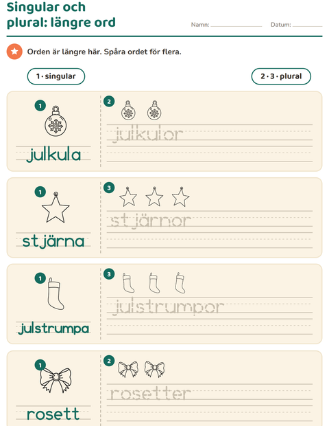 Förhandsvisning av Singular och plural-arbetsblad med Jul S/V för Förskoleklass