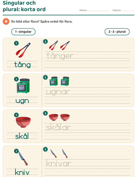 Förhandsvisning av Singular och plural-arbetsblad med Köksredskap för Förskoleklass