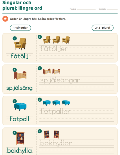 Förhandsvisning av Singular och plural-arbetsblad med Möbler för Förskoleklass