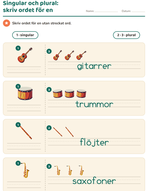 Förhandsvisning av Singular och plural-arbetsblad med Musik för Förskoleklass
