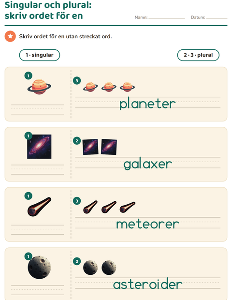 Förhandsvisning av Singular och plural-arbetsblad med Rymden för Förskoleklass