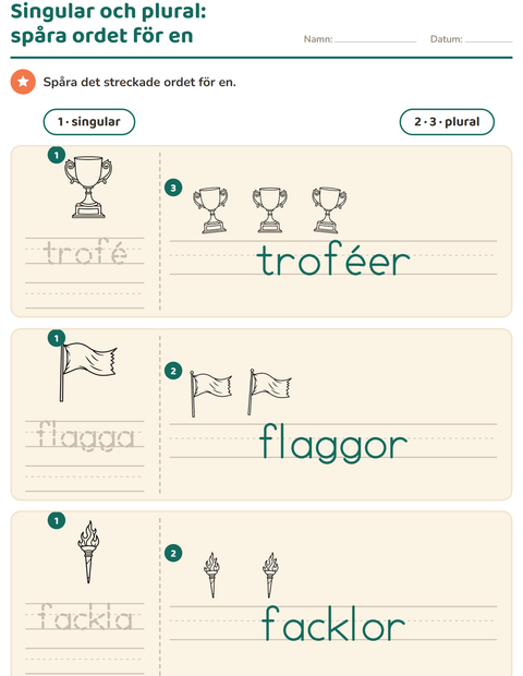 Förhandsvisning av Singular och plural-arbetsblad med Sport SV 2 för Förskoleklass